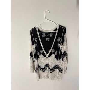 Womens Black Lace Trimmed Tunic Top 3D Floral Embellishment Long Sleeve